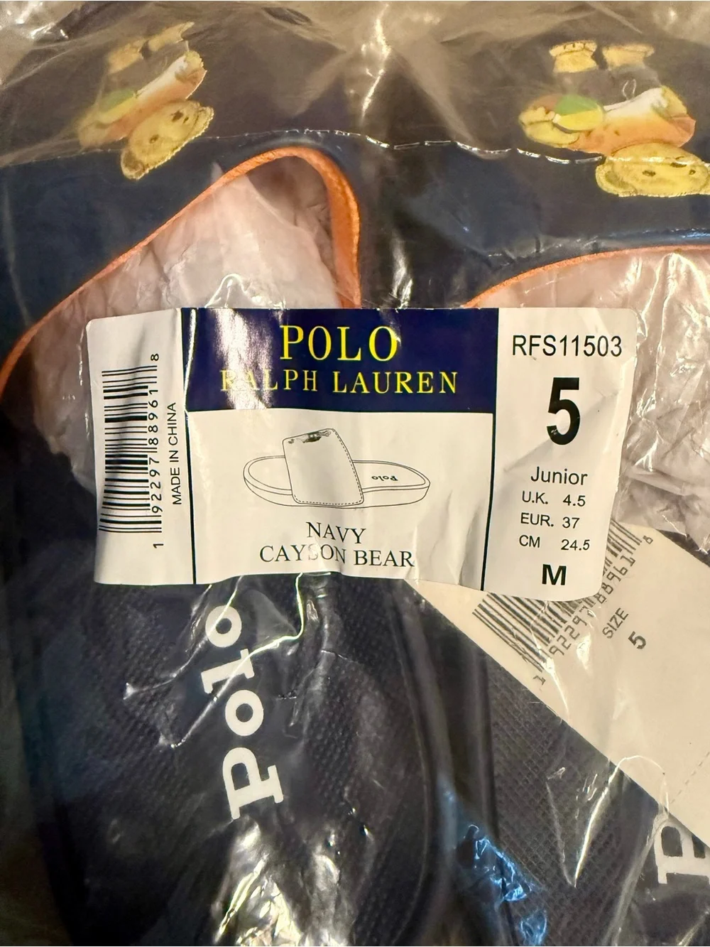 Polo by Ralph Lauren Kids Navy Bear Slide Sandals with Multicolor Bear
